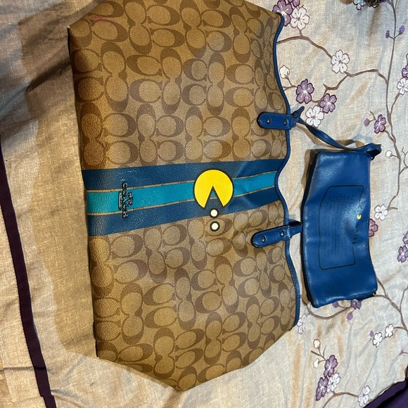 Coach Pac-Man Large Tote Reversible Coated Canvas Blue Stripe - Picture 4 of 12